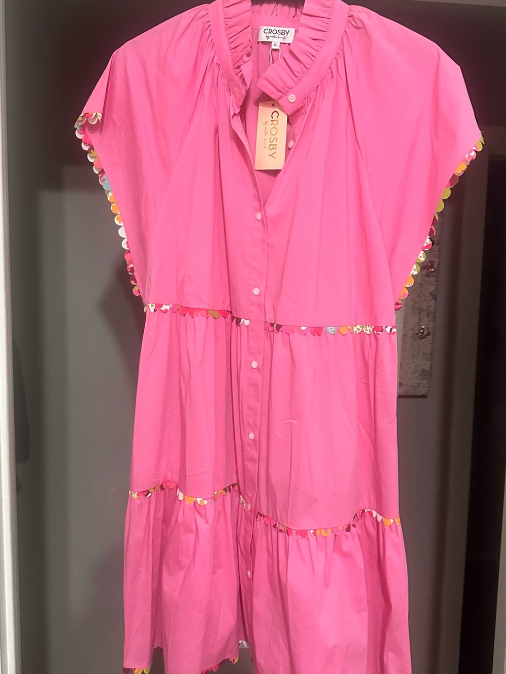 CROSBY by Mollie Burch Pink Midi Dress with Multicolor Trim-no tags